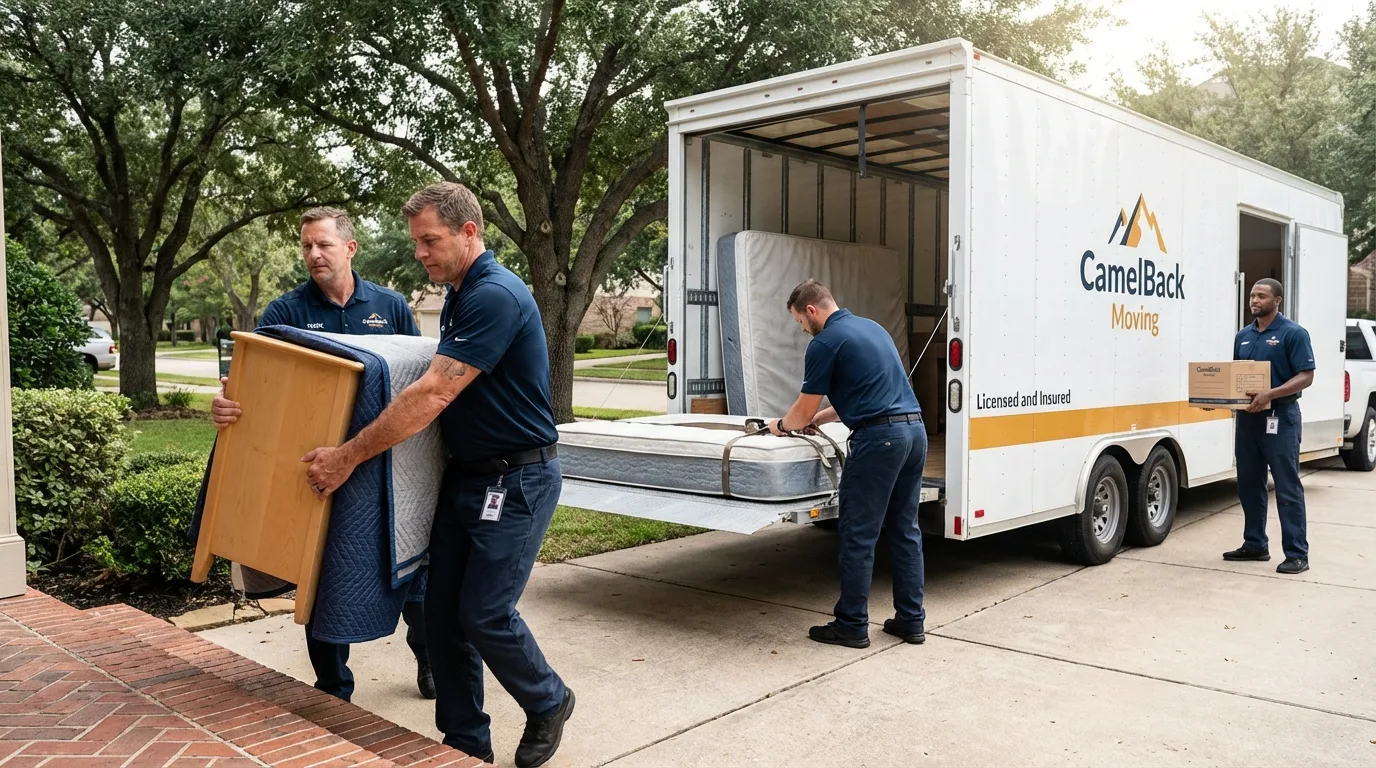 Crew loading residential truck for cross-state move from Pampa, TX