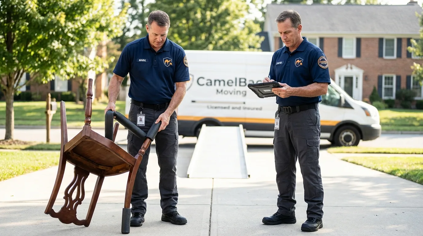 Movers inspecting furniture for damage prevention before loading in Pampa, TX