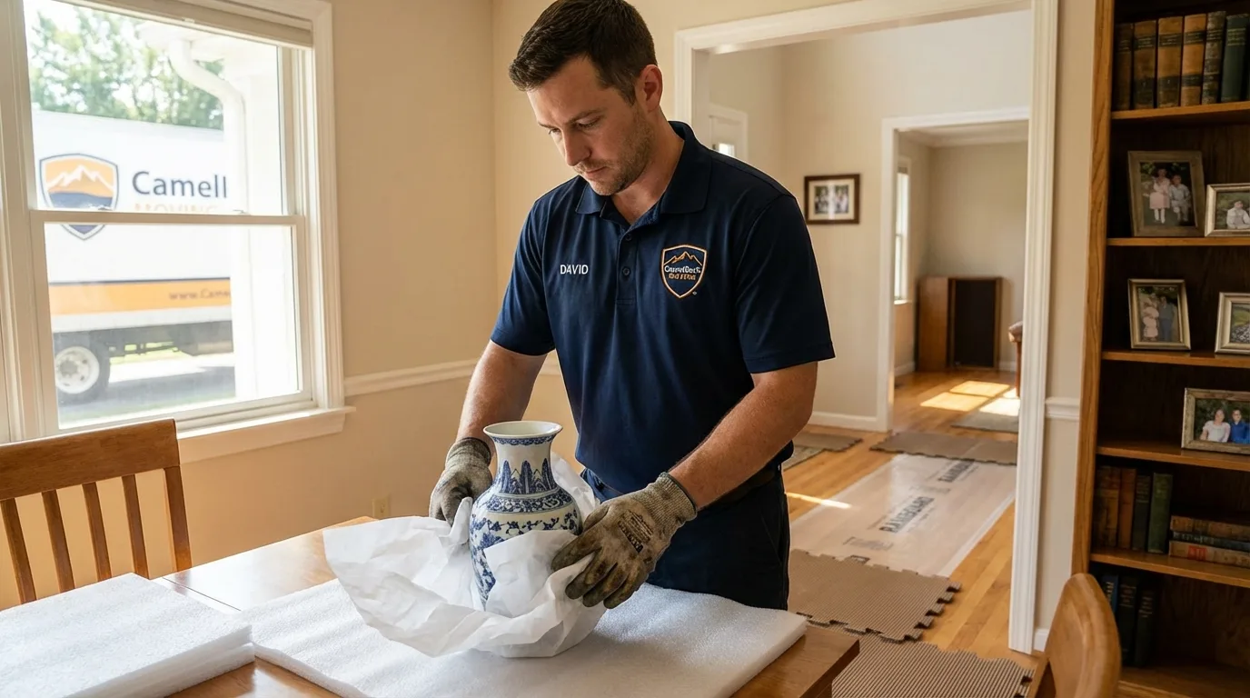 Professional crew carefully wrapping antique vase for senior downsizing move in Pampa, TX